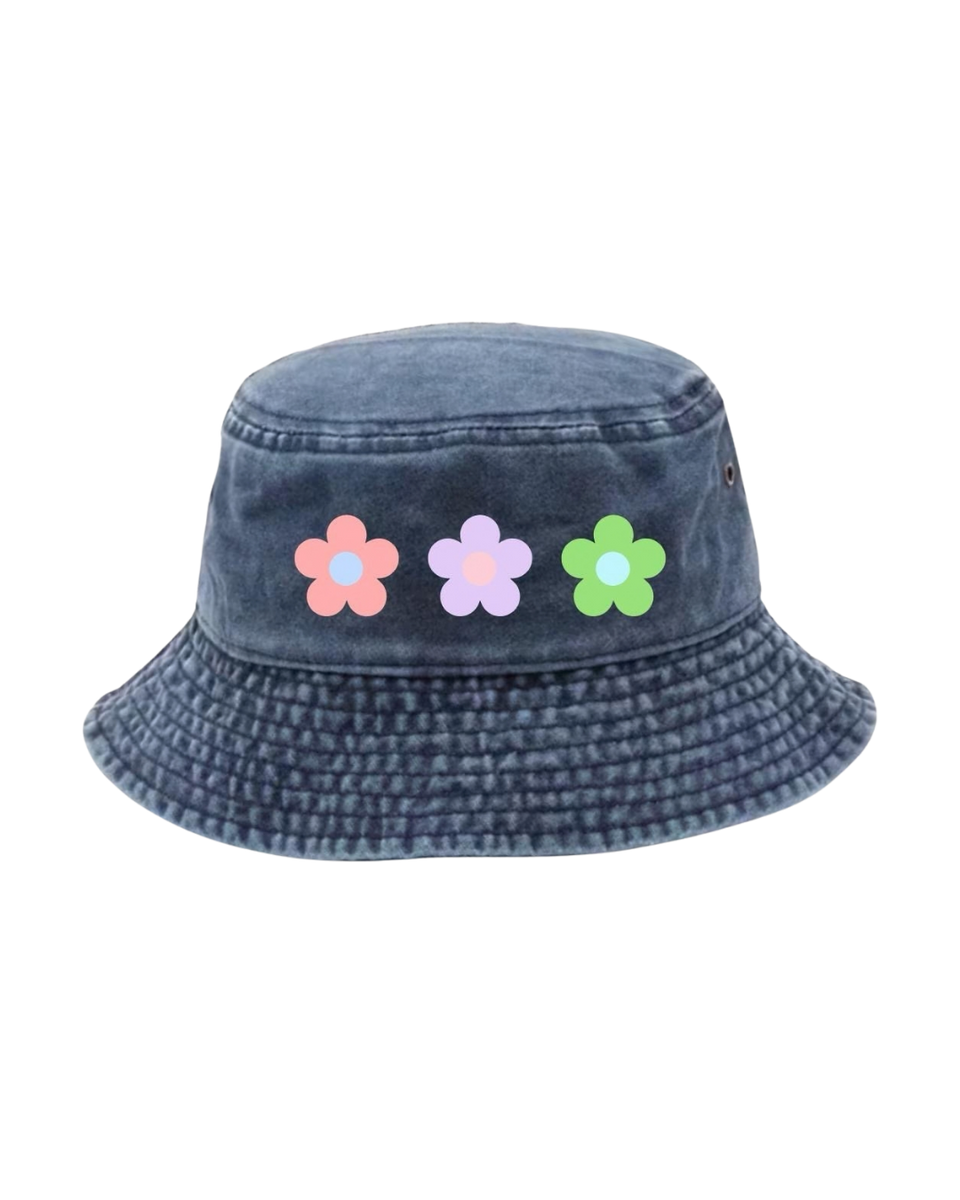Blue Demin Bucket Hat - Trio of Flowers