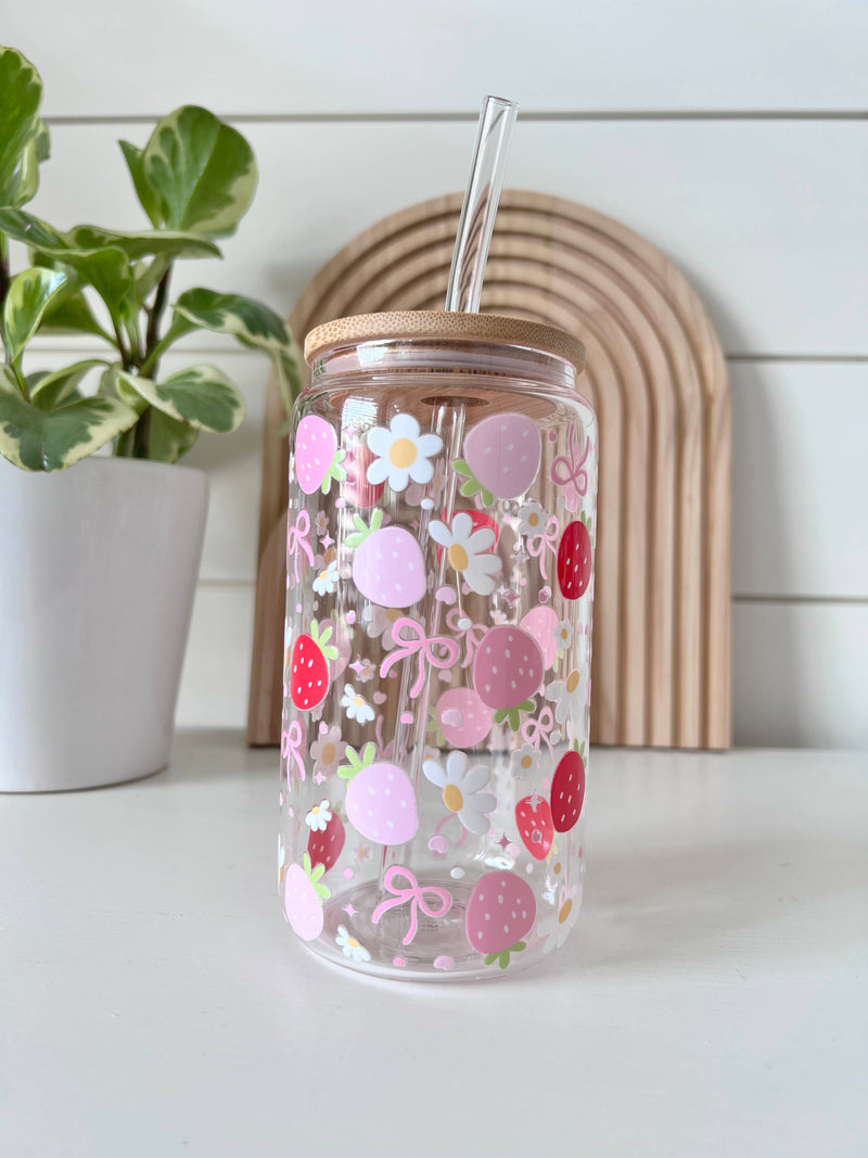 Strawberry Daisy Coquette Glass Cup