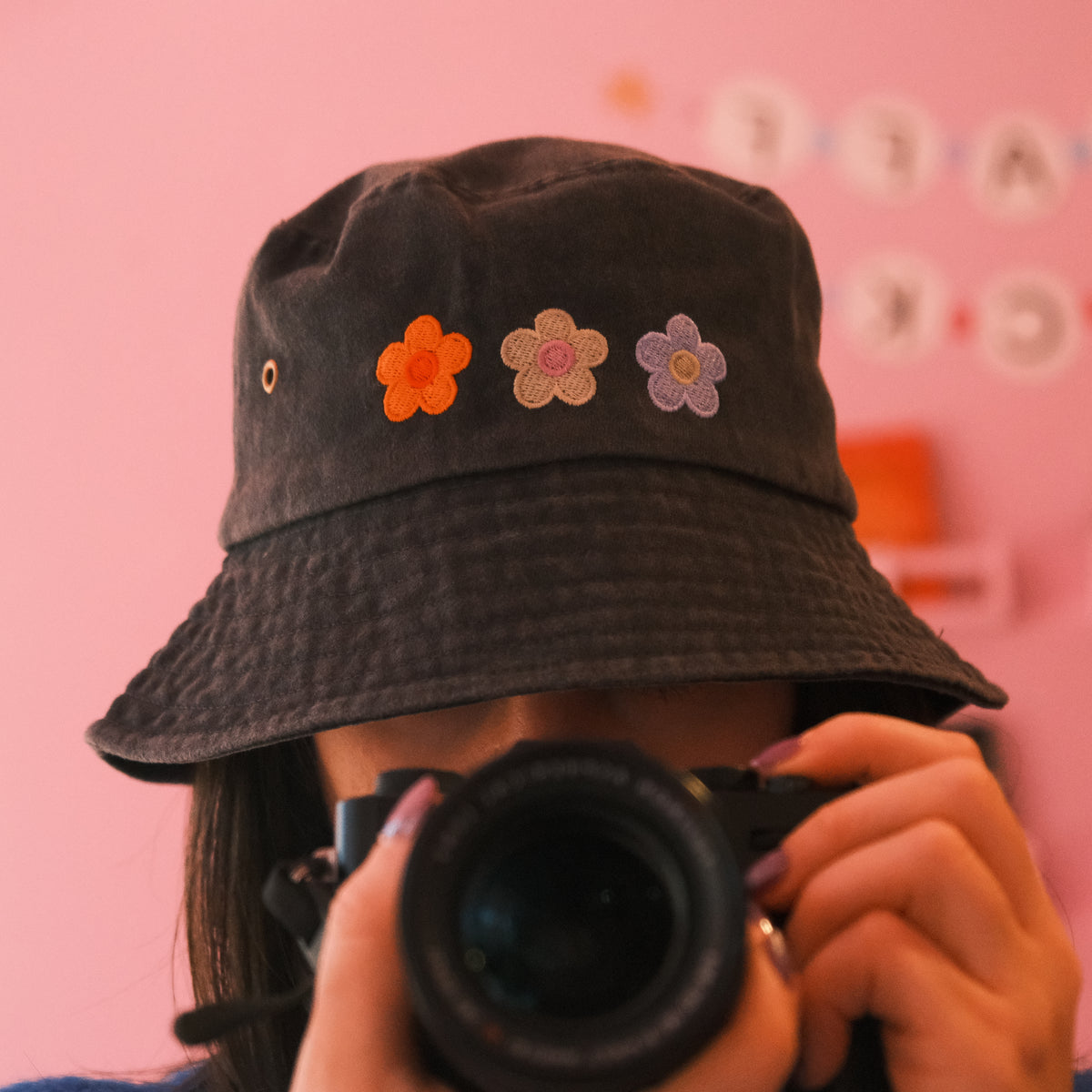 Black Bucket Hat - Trio of Flowers
