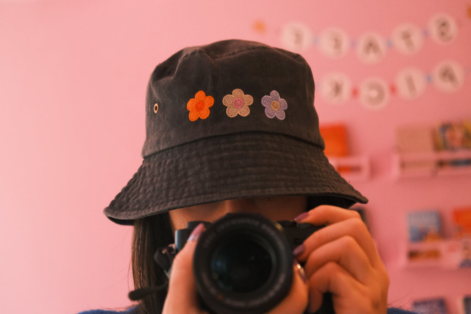 Black Bucket Hat - Trio of Flowers