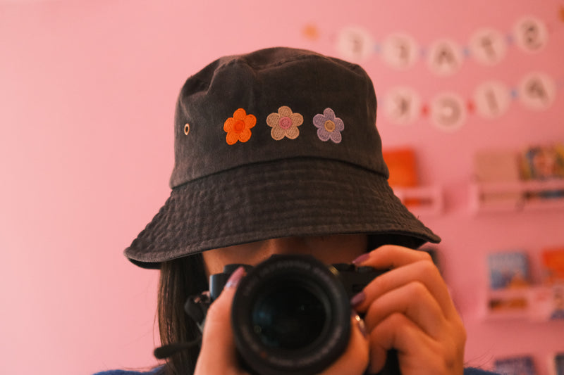 Black Bucket Hat - Trio of Flowers