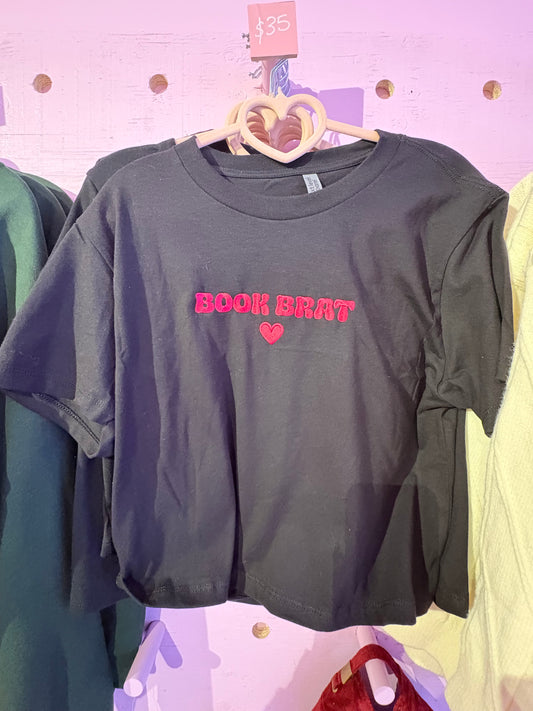 Book Brat Embroidered Boxy Tee - Black - Hopeless Romantic