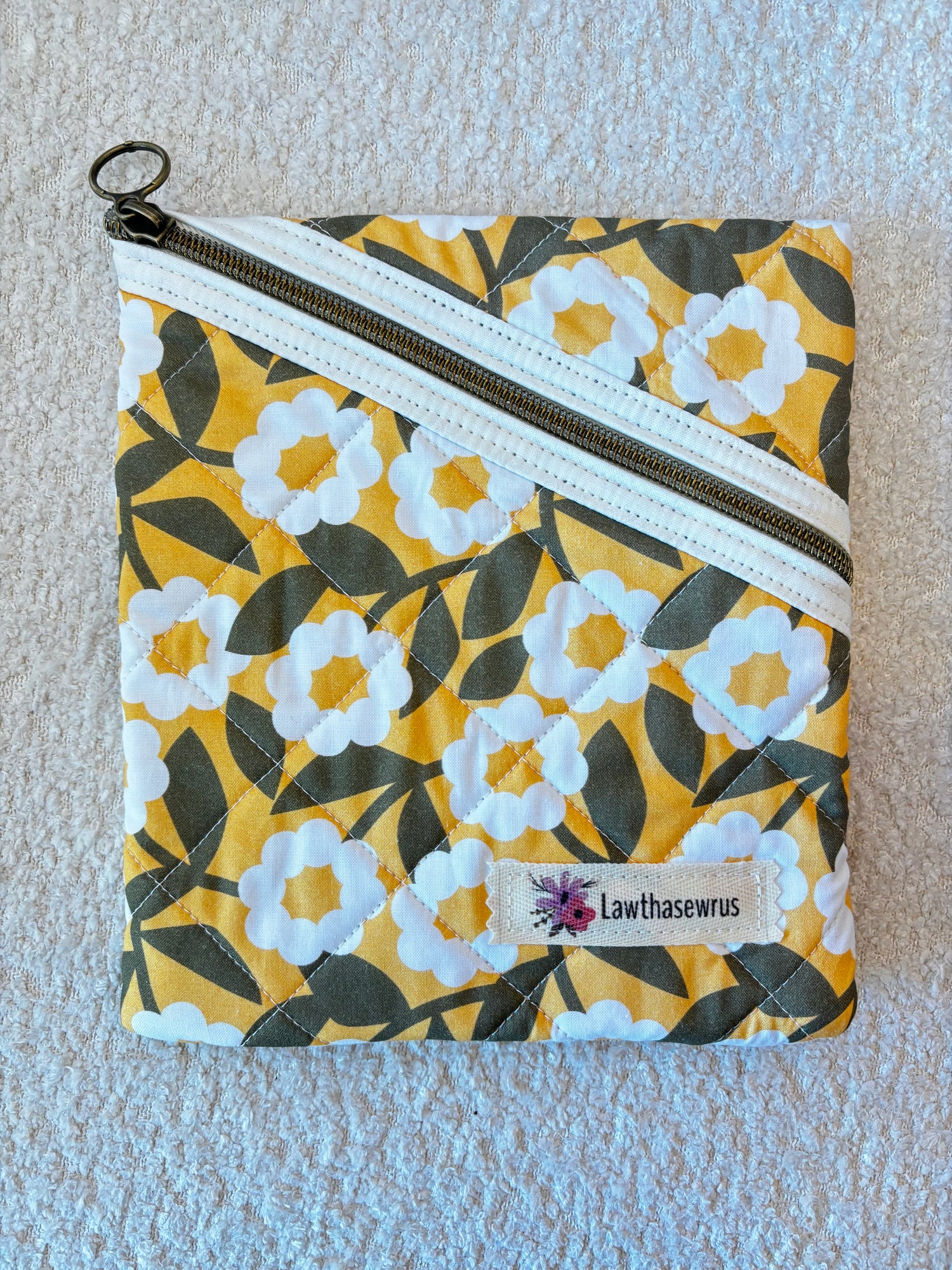 Quilted Zippered E-Reader Sleeve - Yellow w White Flowers