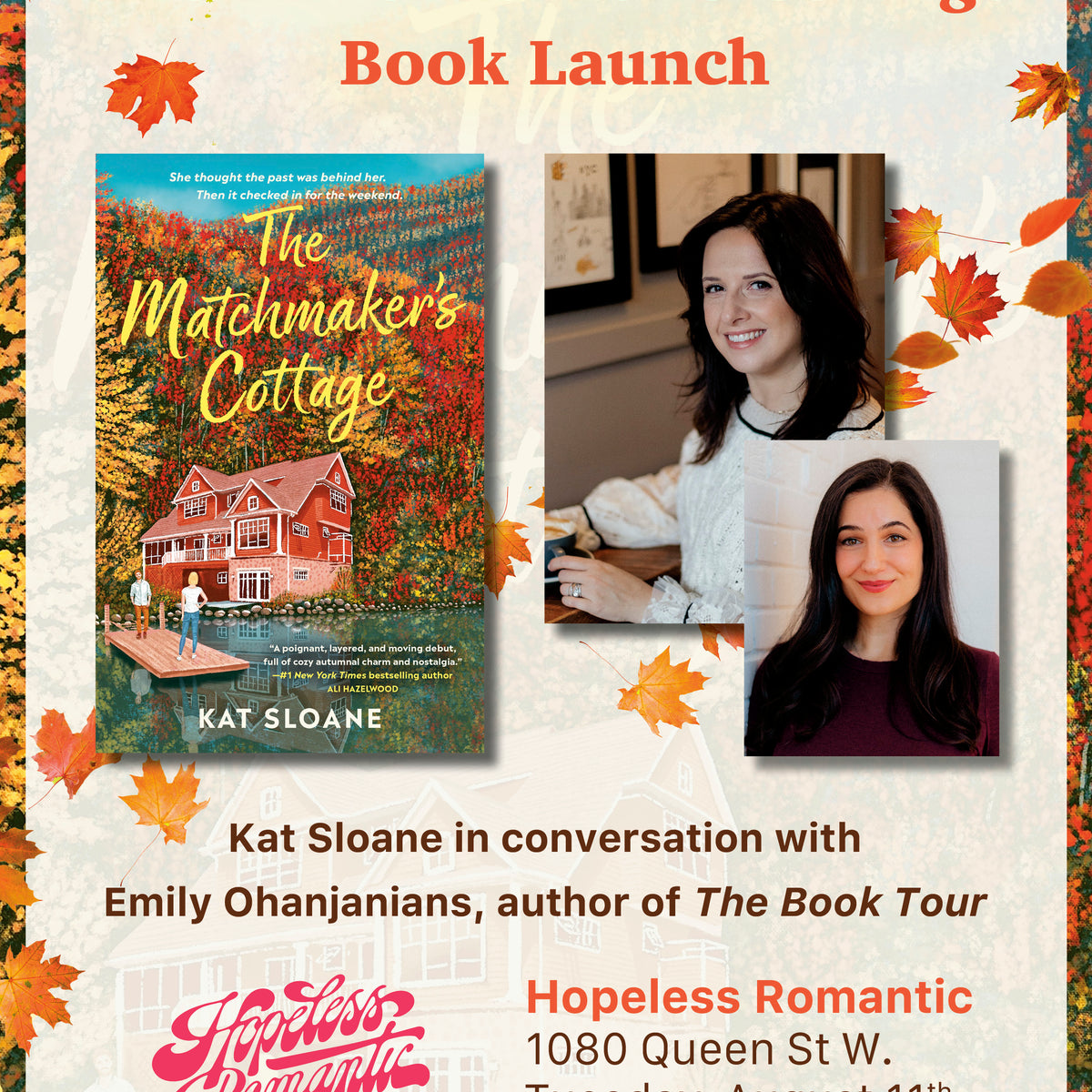 Book Launch for The Matchmaker’s Cottage by Kat Sloane with Emily Ohanjanians, author of The Book Tour (August 11, 2026)