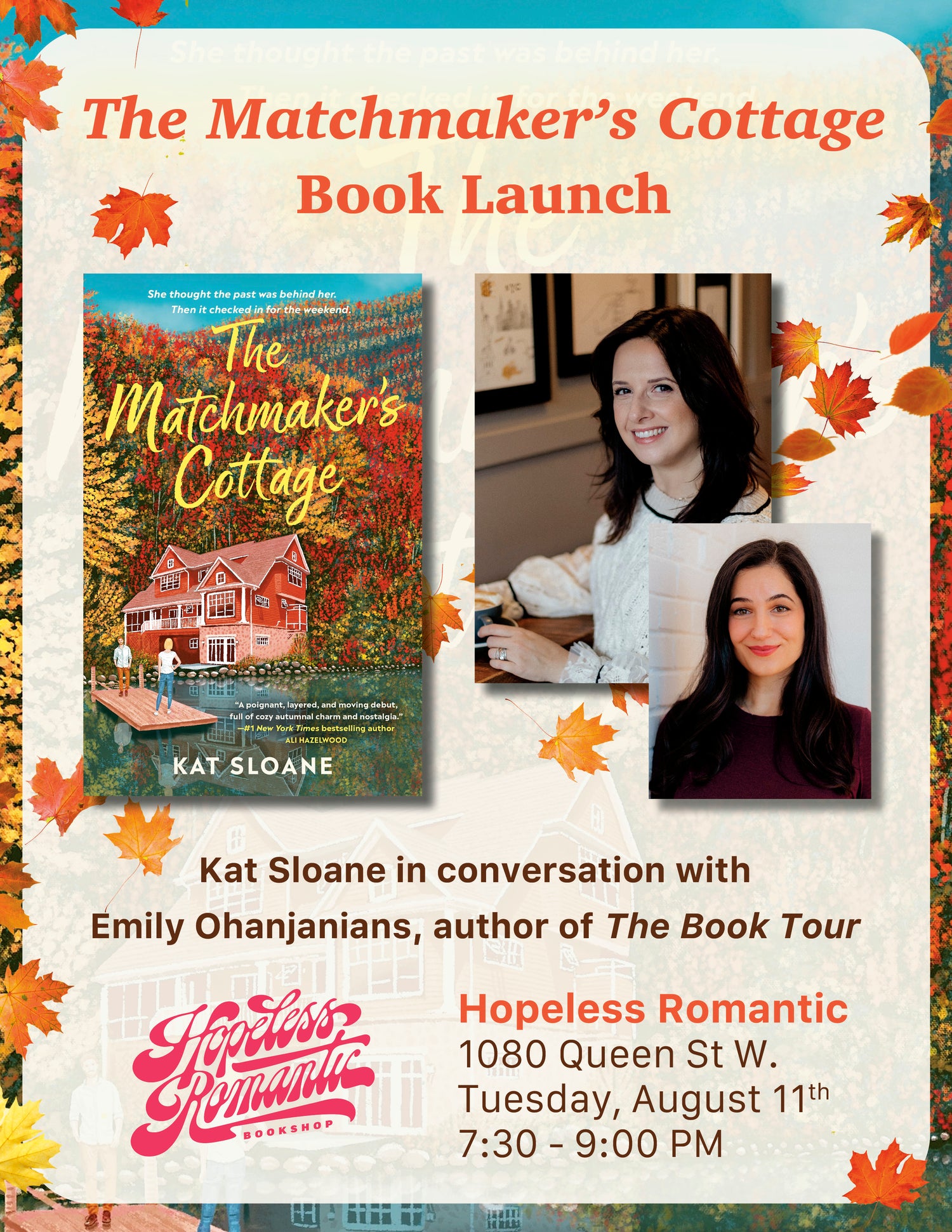 Book Launch for The Matchmaker’s Cottage by Kat Sloane with Emily Ohanjanians, author of The Book Tour (August 11, 2026)