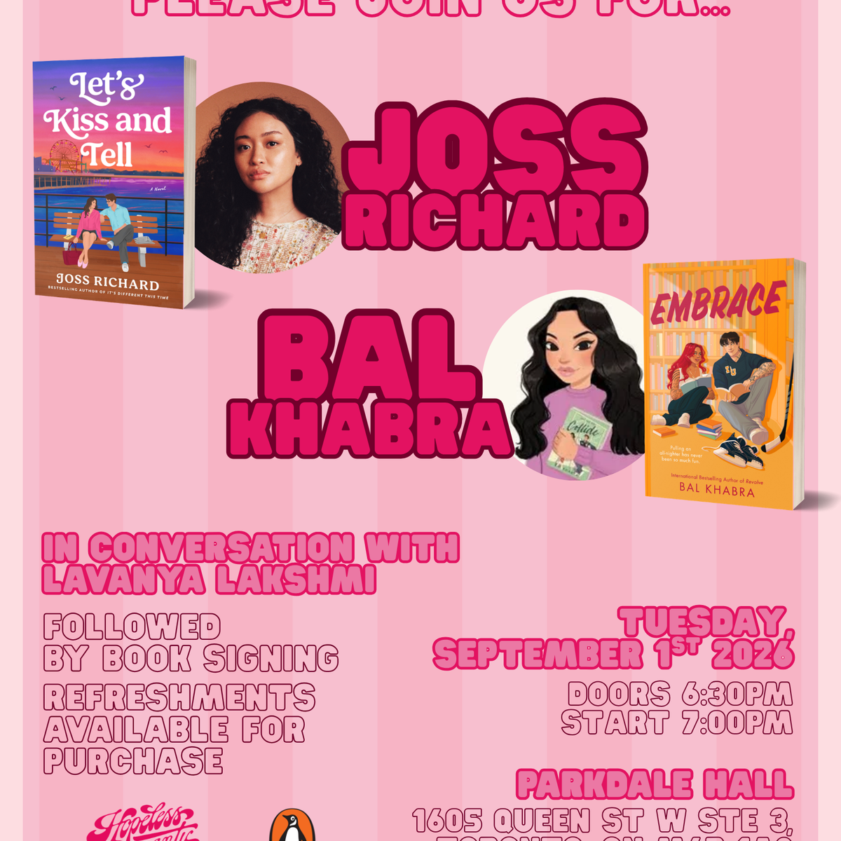 Joss Richard & Bal Khabra Discussion + Book Signing - September 1, 2026 @ The Parkdale Hall 1605 Queen St W