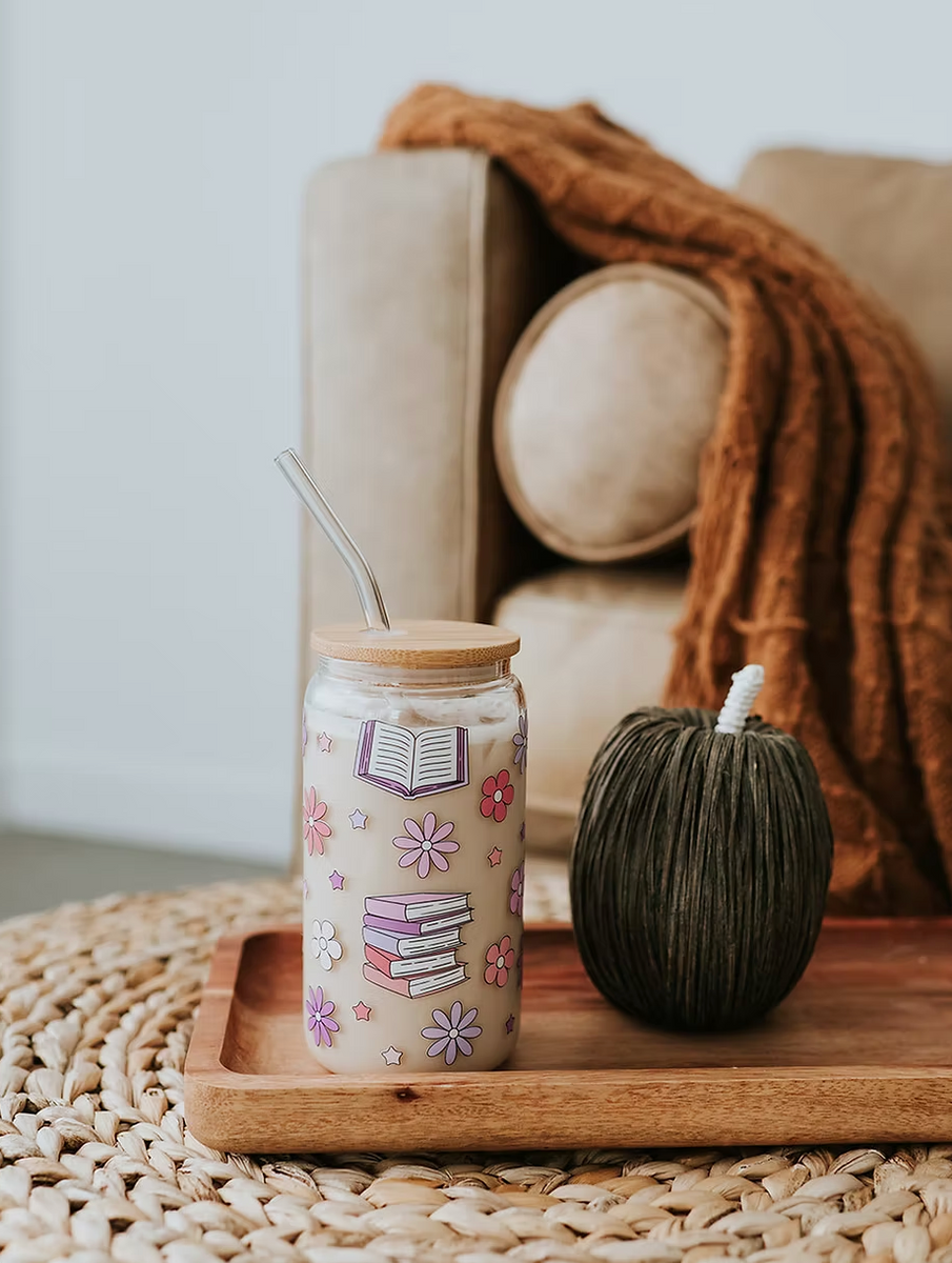 Books & Flowers Glass Tumbler