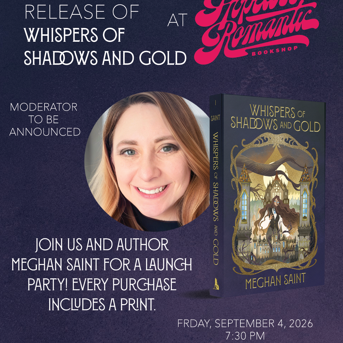 Book Launch for Whispers of Shadows and Gold by Meghan Saint (September 4 at 7:30pm)