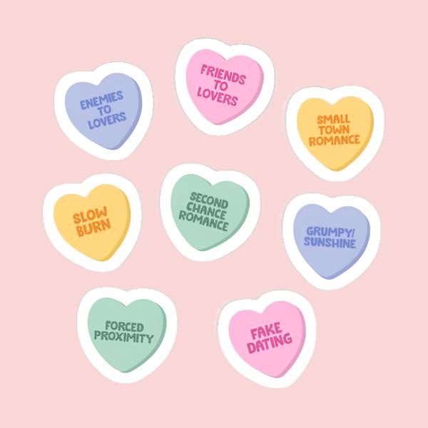 romance tropes candy hearts stickers