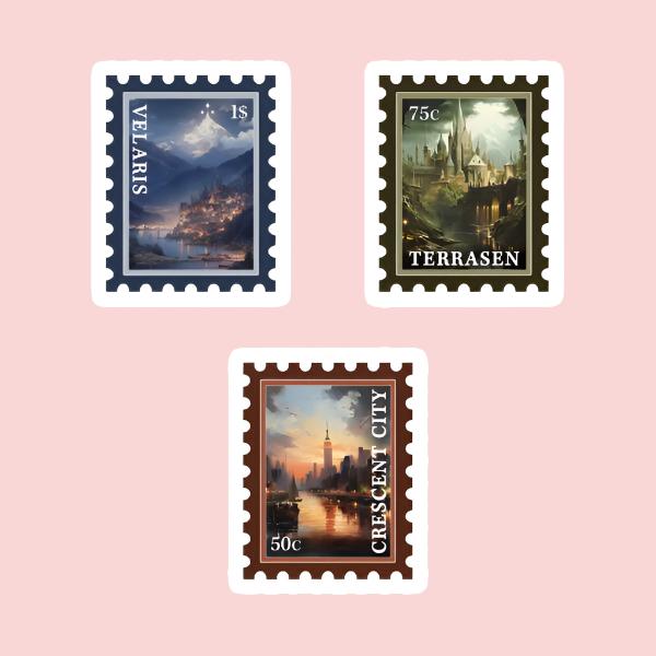 Bookish Travel Postage Stamp Set Velaris terrasen and crescent city stickers